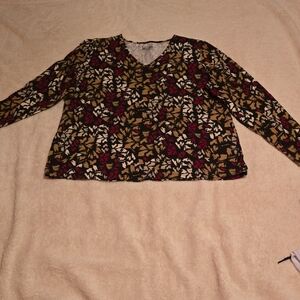 Basic Editions Women's Long Sleeve Top - Black, Red, Gold Pattern